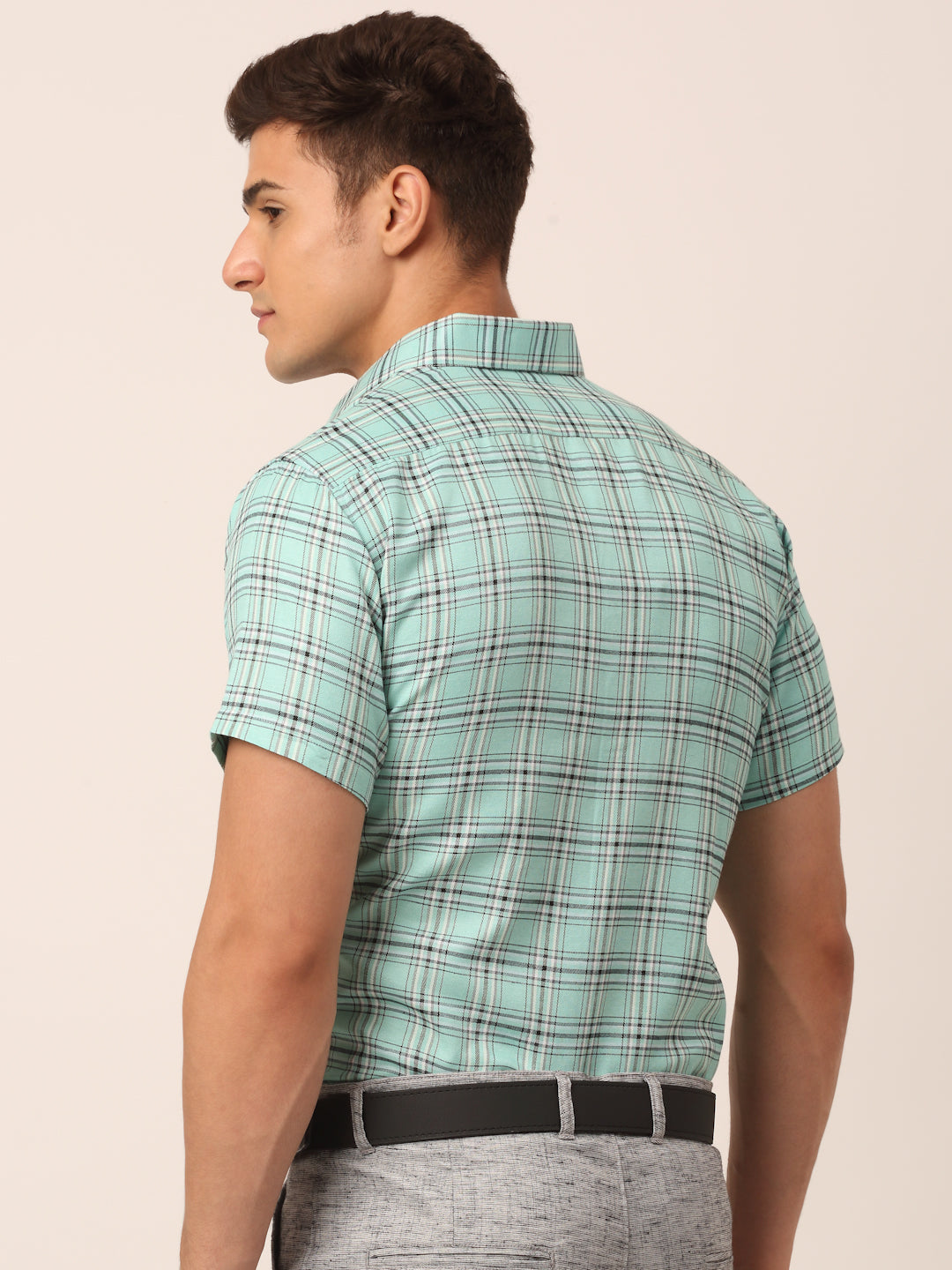 Jainish Men's Cotton Checked Half Sleeve Formal Shirts ( SF 815Green )
