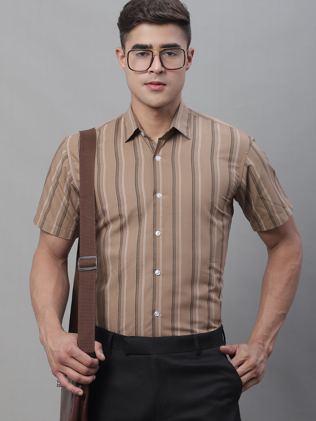 Jainish Men's Brown Striped Formal Shirt