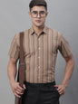 Jainish Men's Brown Striped Formal Shirt