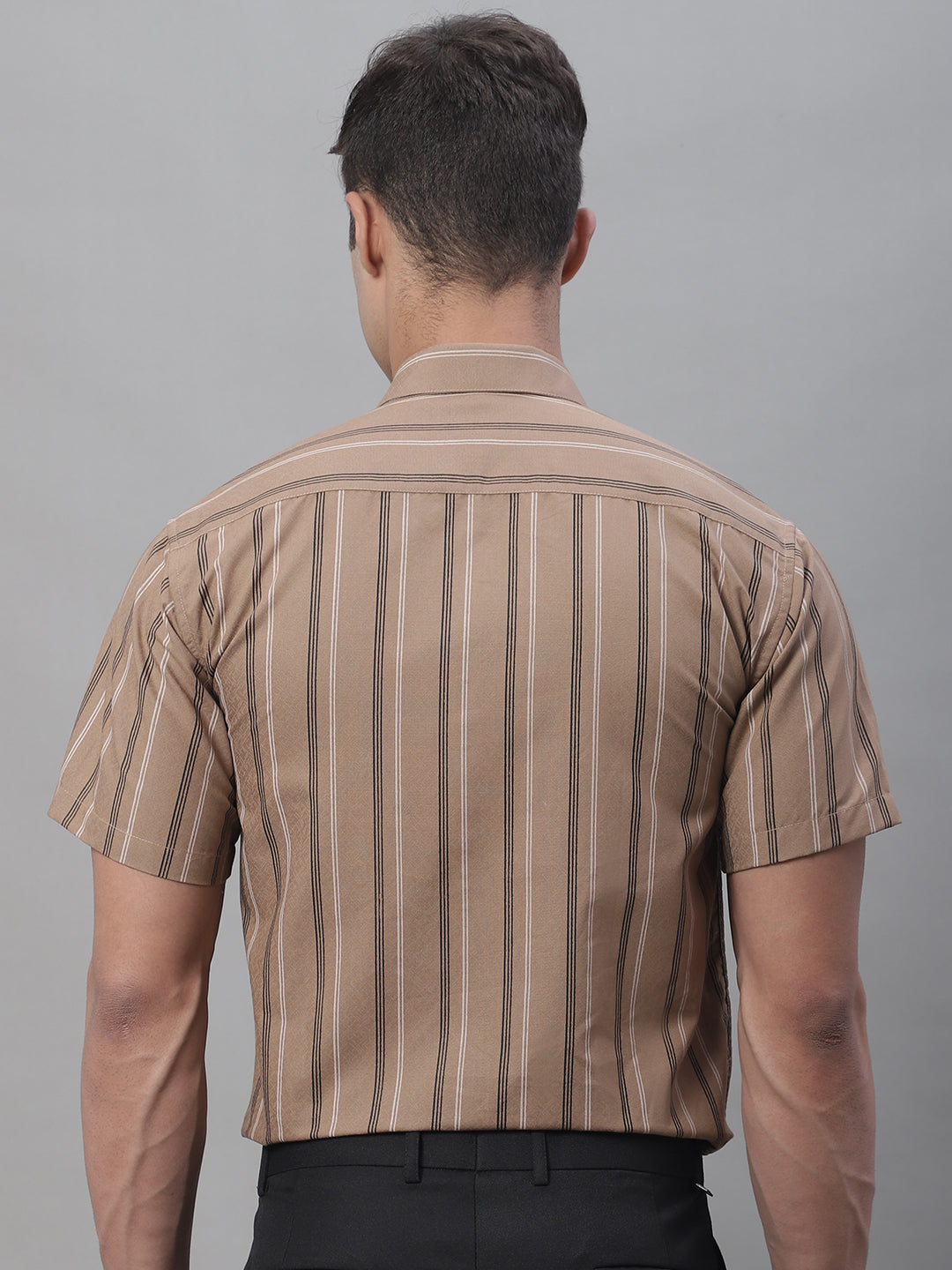 Jainish Men's Brown Striped Formal Shirt