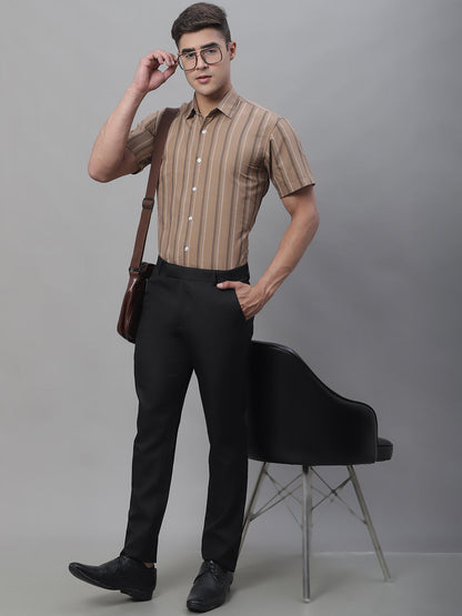 Jainish Men's Brown Striped Formal Shirt