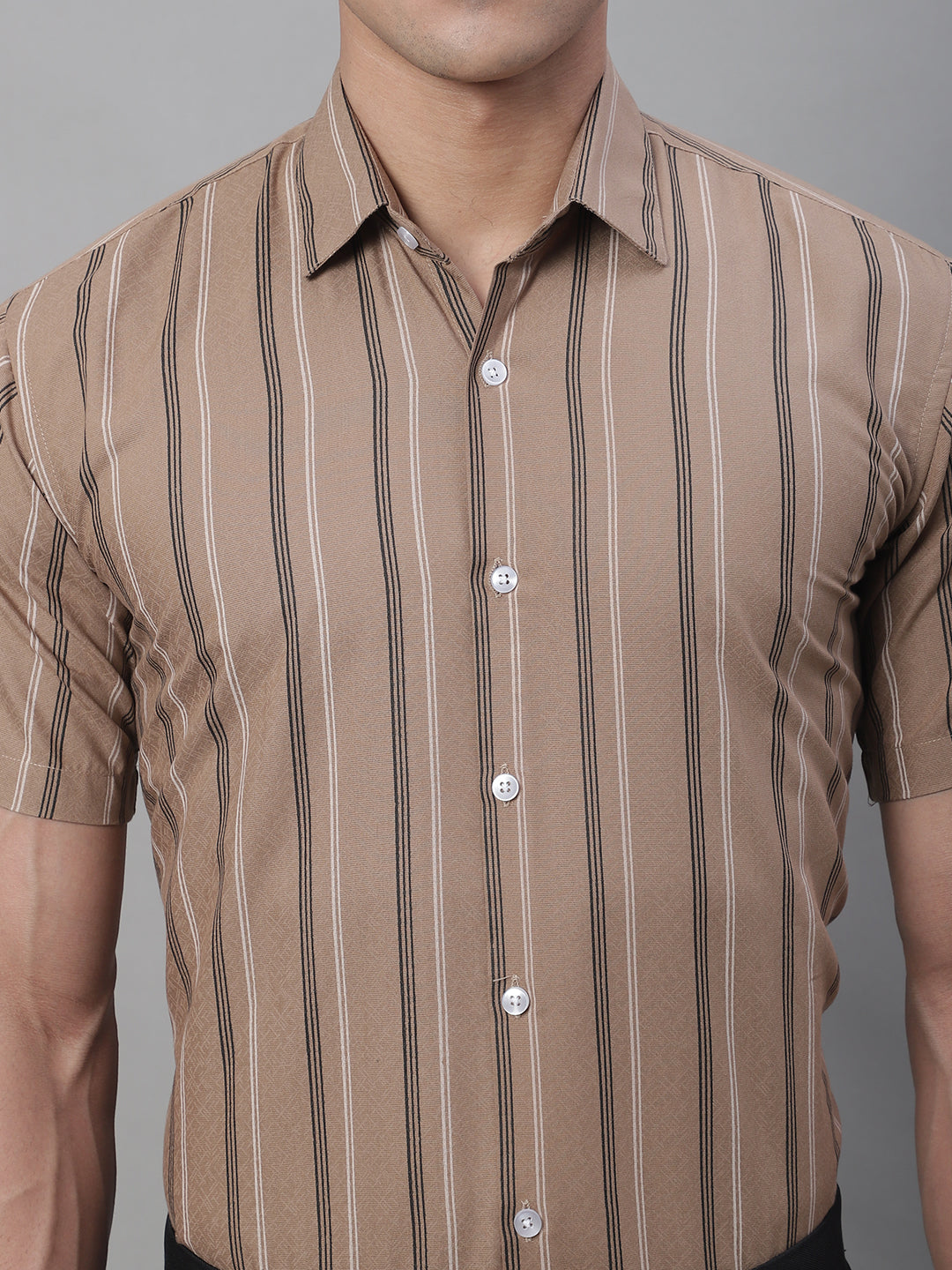 Jainish Men's Brown Striped Formal Shirt