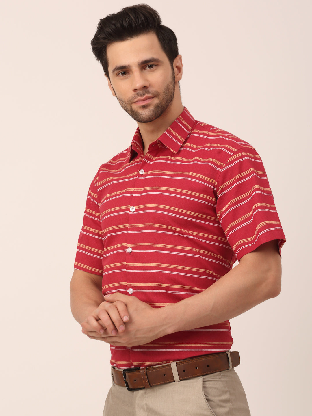Jainish Men's Cotton Striped Half Sleeve Formal Shirts ( SF 816Maroon )