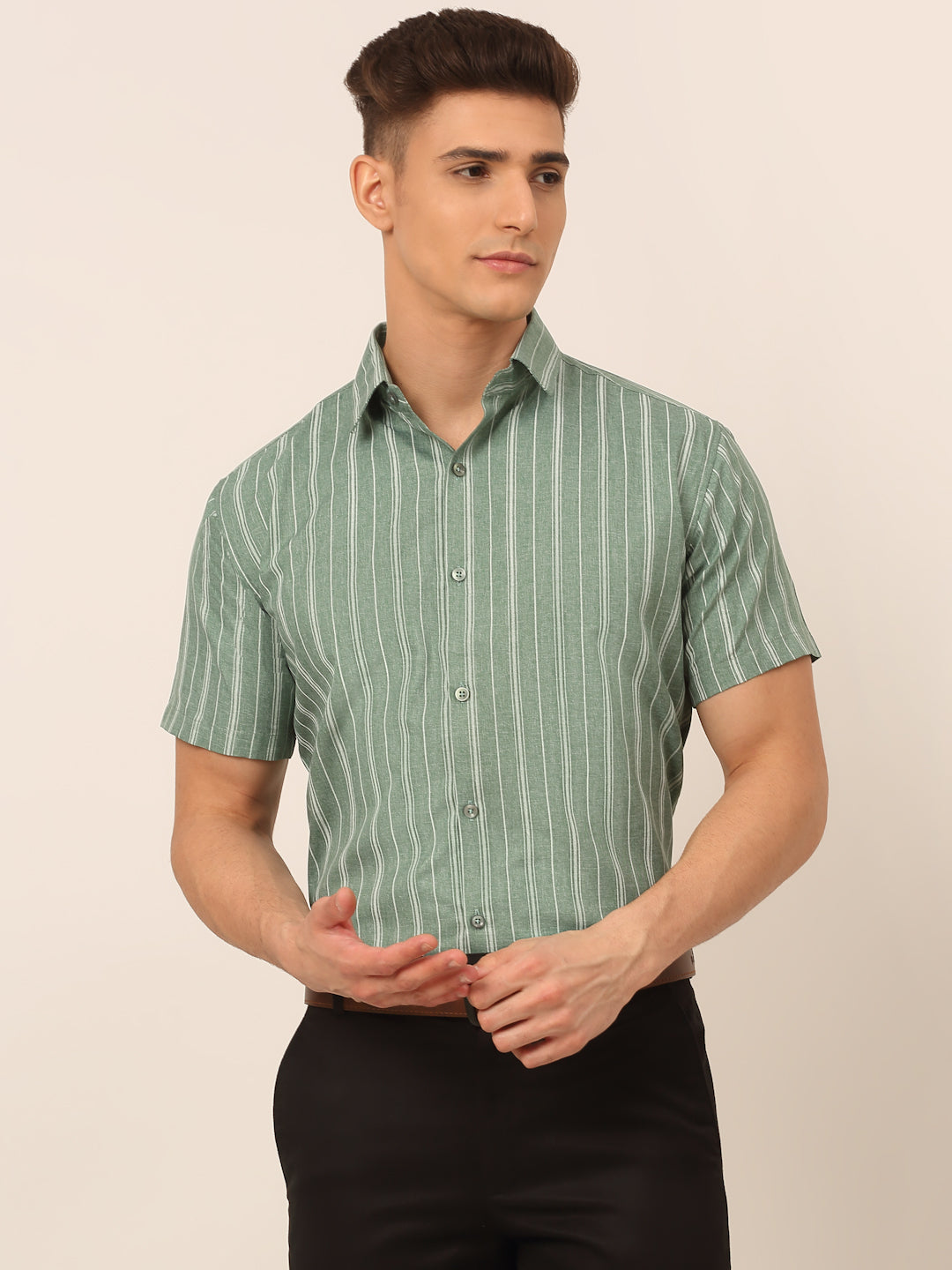 Jainish Men's Cotton Striped Formal Shirts - Green