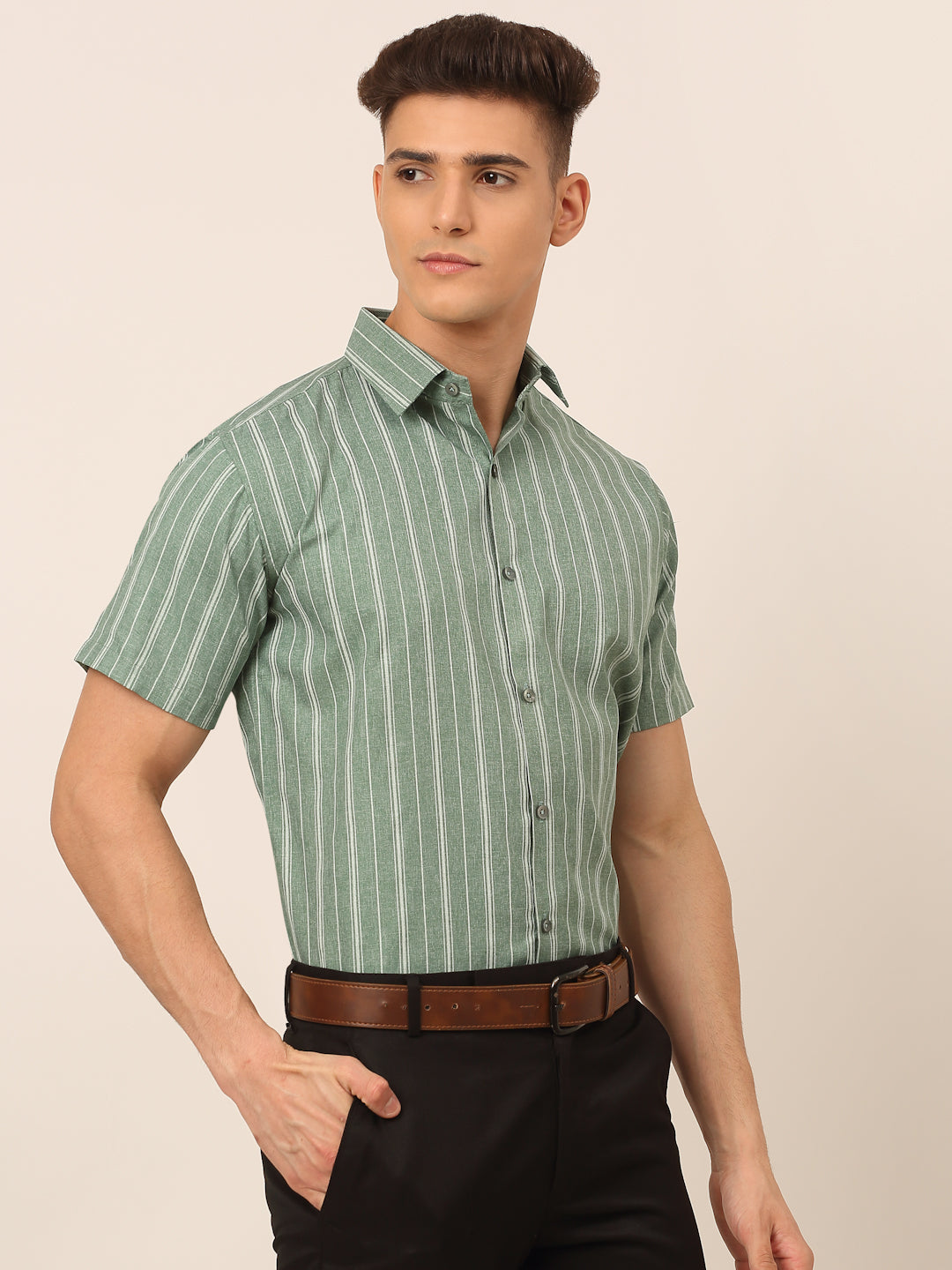 Jainish Men's Cotton Striped Formal Shirts - Green