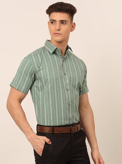 Jainish Men's Cotton Striped Formal Shirts - Green