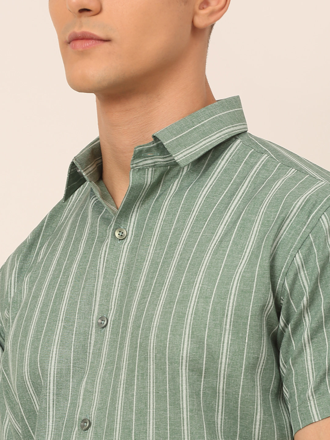 Jainish Men's Cotton Striped Formal Shirts - Green