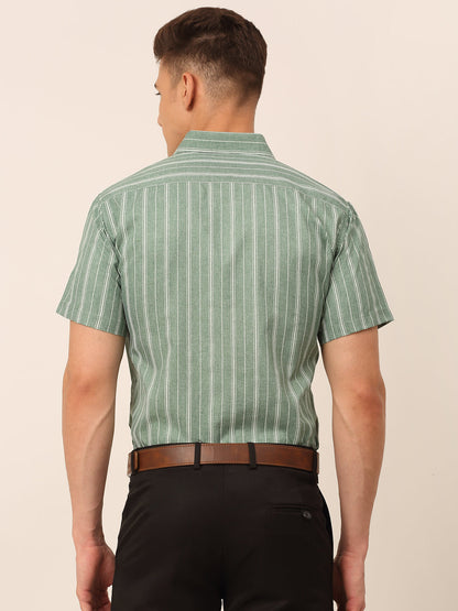 Jainish Men's Cotton Striped Formal Shirts - Green