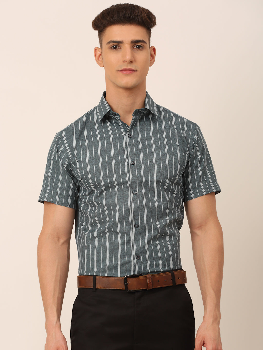 Jainish Men's Cotton Striped Formal Shirts - Grey