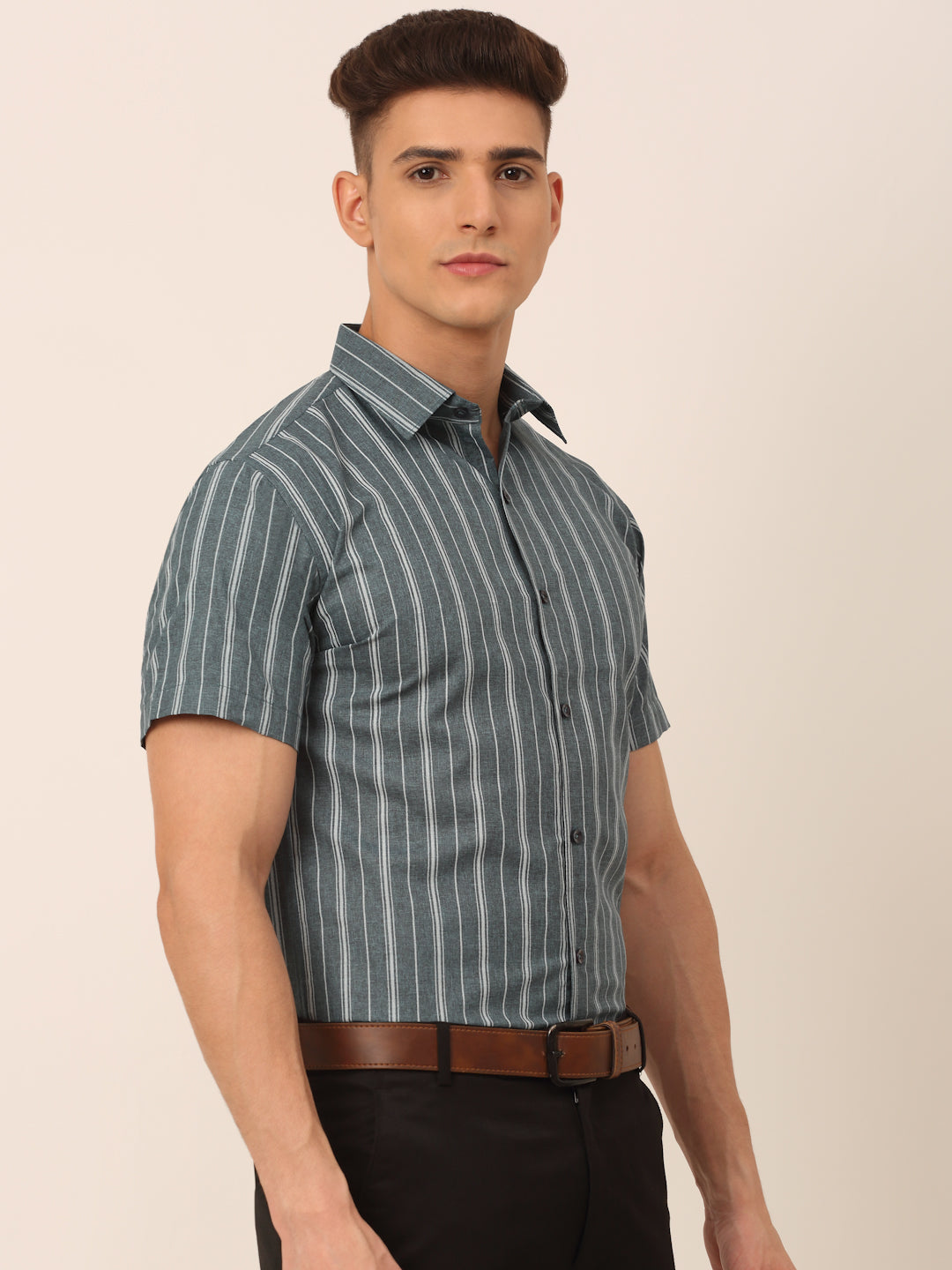 Jainish Men's Cotton Striped Formal Shirts - Grey