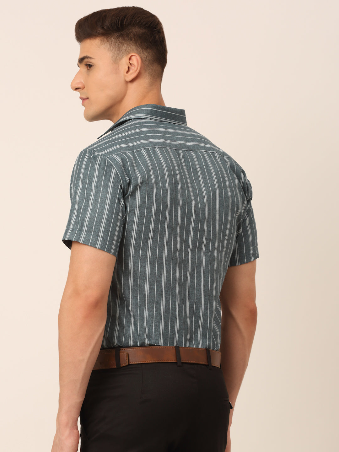 Jainish Men's Cotton Striped Formal Shirts - Grey