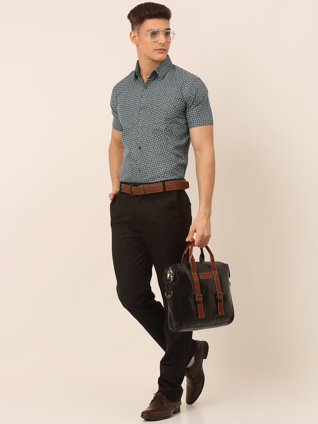 Jainish Men's Cotton Printed Formal Shirts - Grey