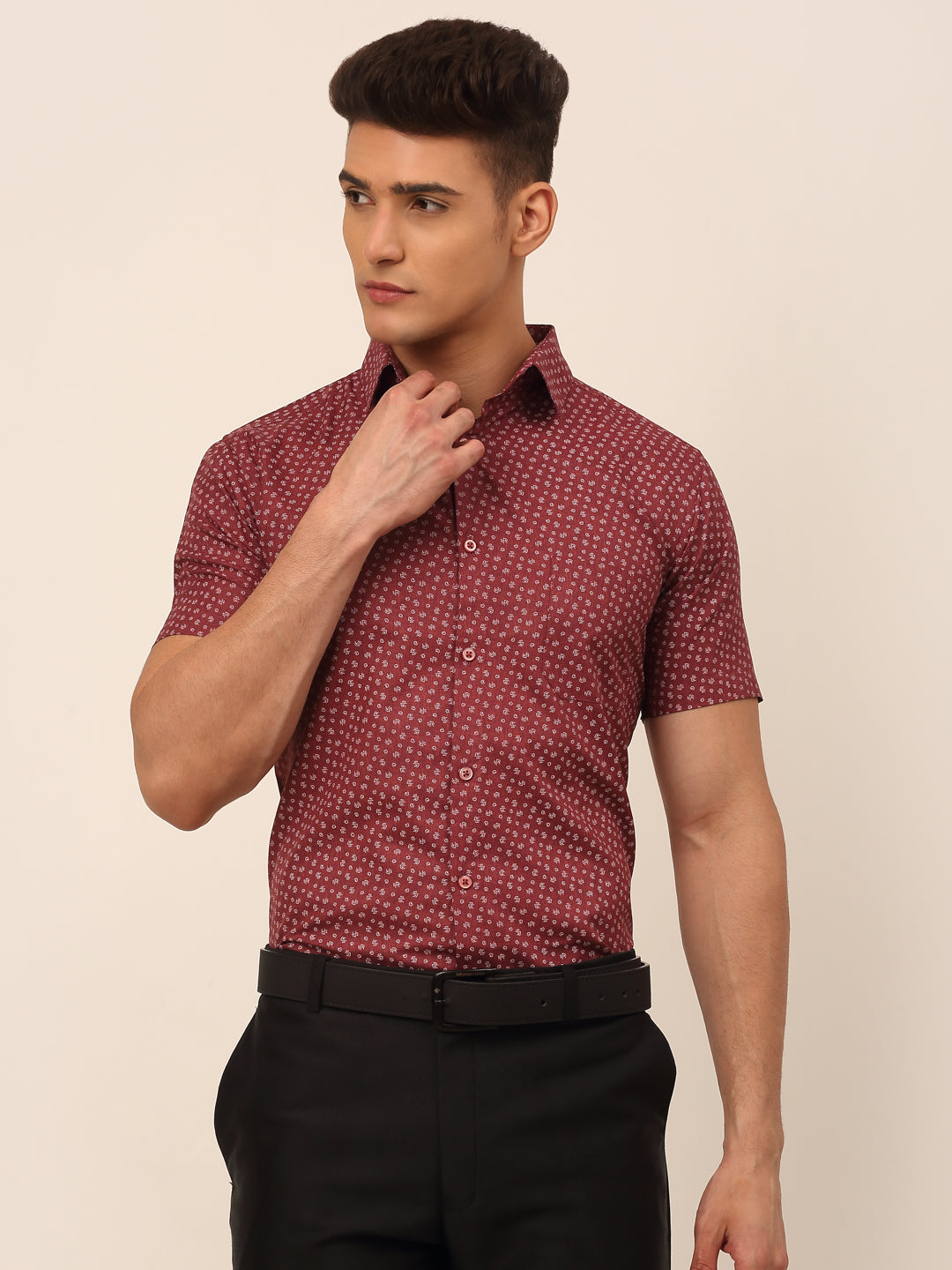 Jainish Men's Cotton Printed Formal Shirts - Maroon