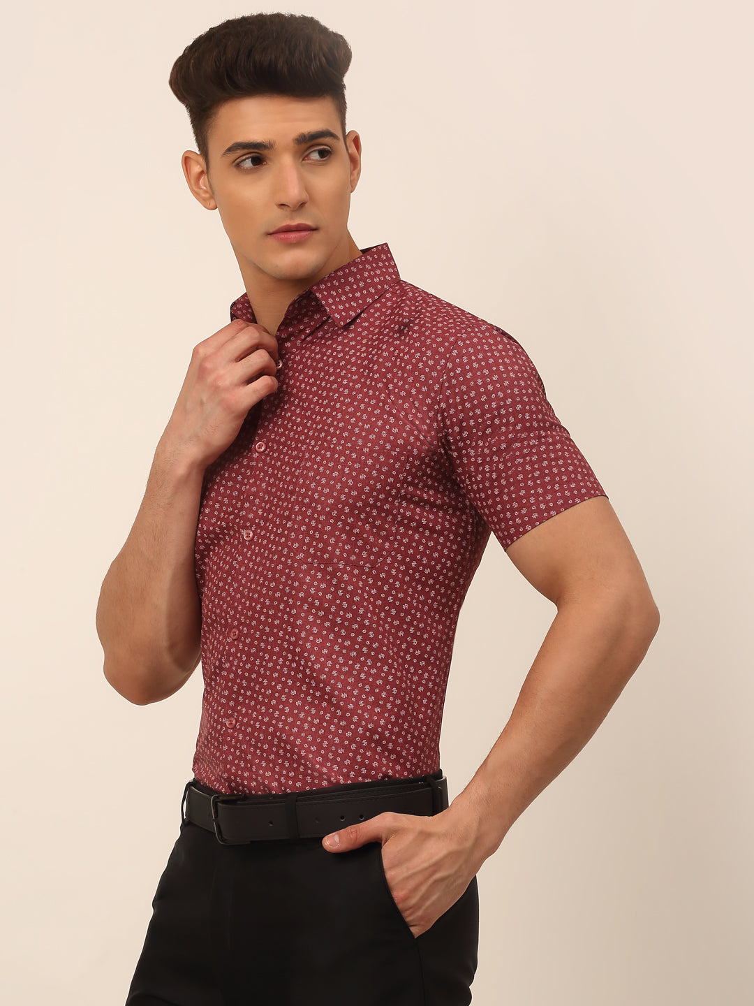 Jainish Men's Cotton Printed Formal Shirts - Maroon