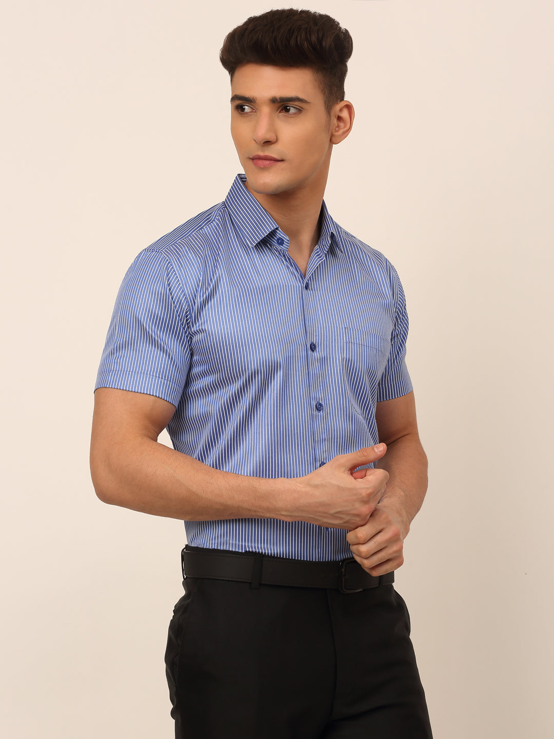 Jainish Men's Cotton Striped Formal Shirts - Blue