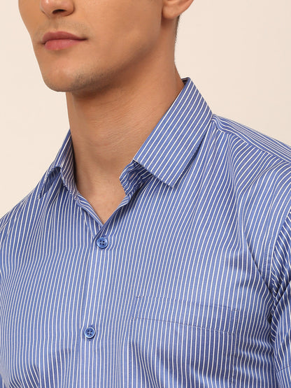 Jainish Men's Cotton Striped Formal Shirts - Blue