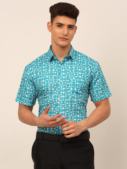 Jainish Men's Cotton Printed Formal Shirts - Aqua