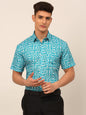 Jainish Men's Cotton Printed Formal Shirts - Aqua