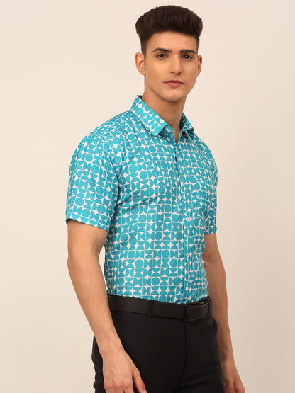 Jainish Men's Cotton Printed Formal Shirts - Aqua