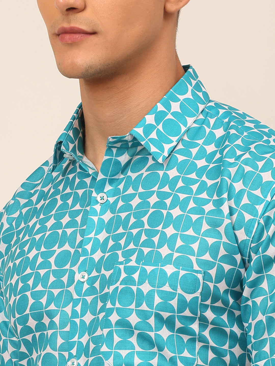 Jainish Men's Cotton Printed Formal Shirts - Aqua