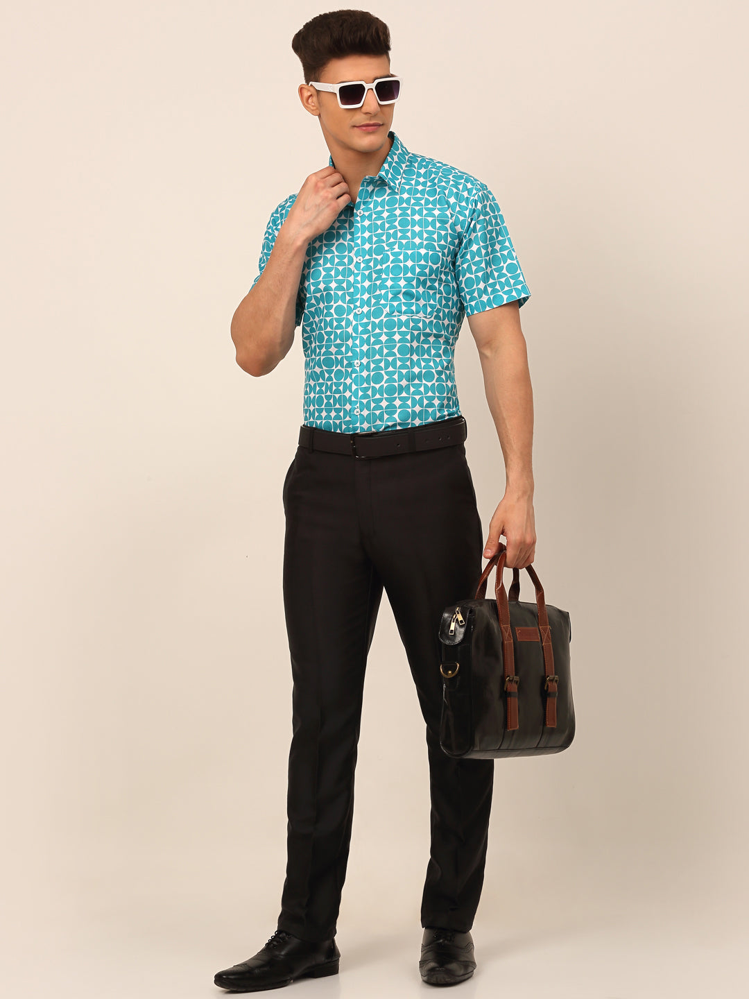 Jainish Men's Cotton Printed Formal Shirts - Aqua
