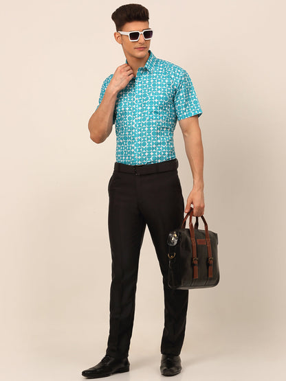 Jainish Men's Cotton Printed Formal Shirts - Aqua