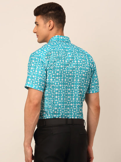Jainish Men's Cotton Printed Formal Shirts - Aqua