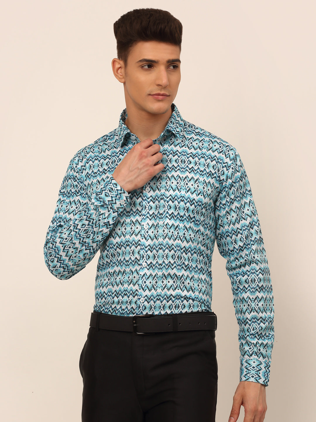 Jainish Men's Cotton Printed Formal Shirts - Sky Blue
