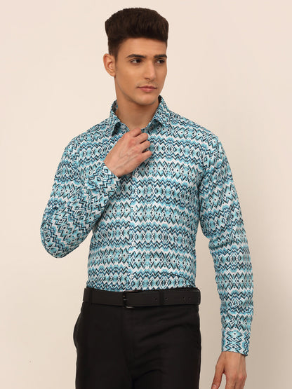 Jainish Men's Cotton Printed Formal Shirts - Sky Blue