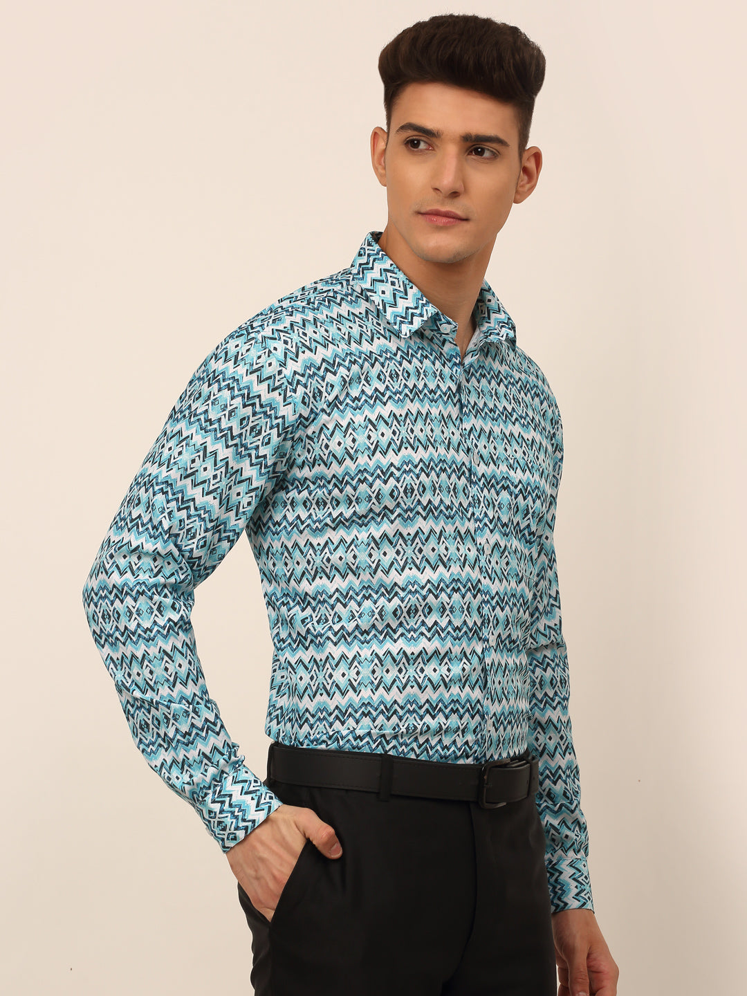 Jainish Men's Cotton Printed Formal Shirts - Sky Blue