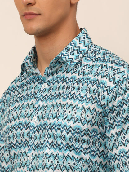 Jainish Men's Cotton Printed Formal Shirts - Sky Blue