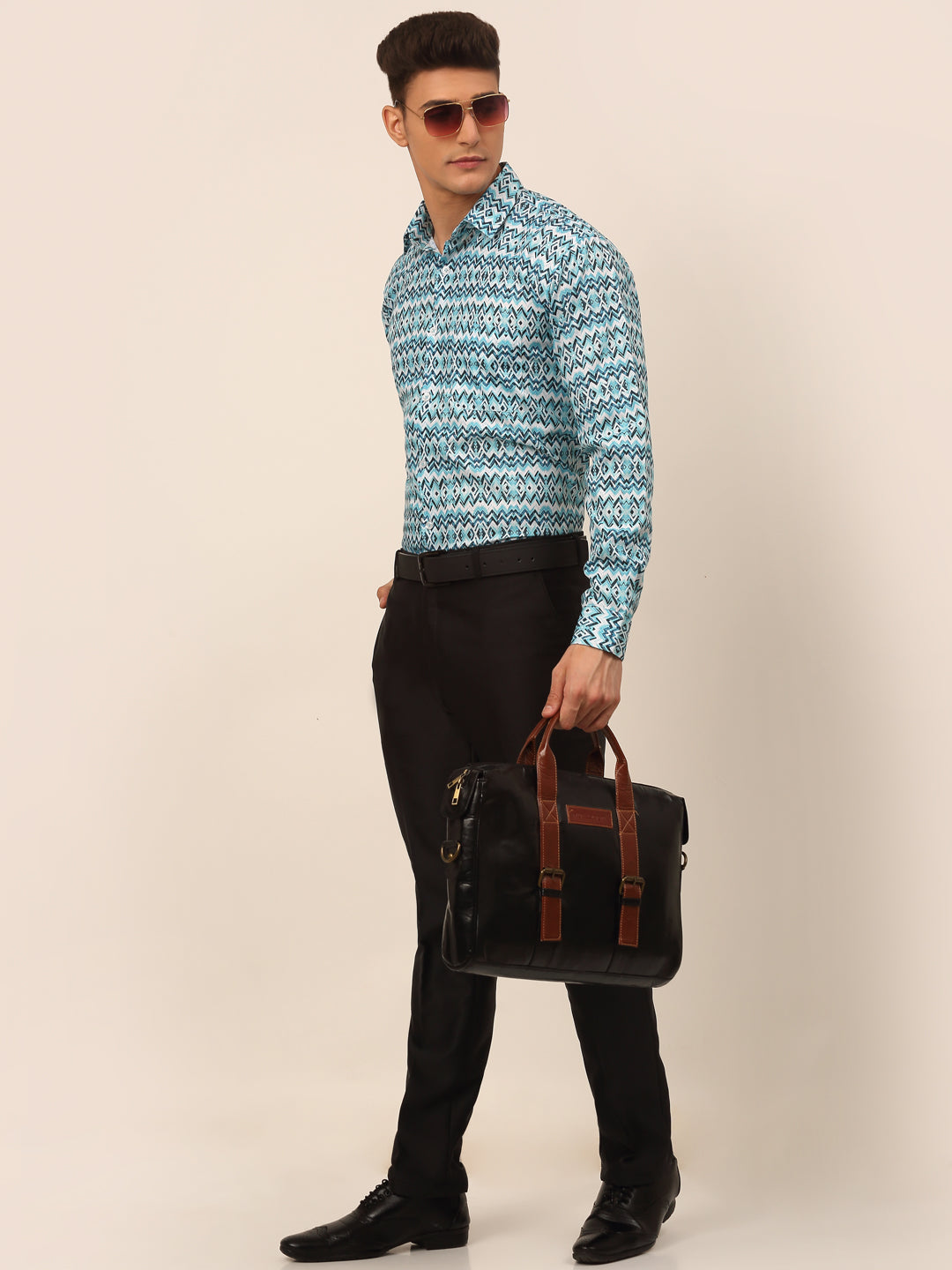 Jainish Men's Cotton Printed Formal Shirts - Sky Blue