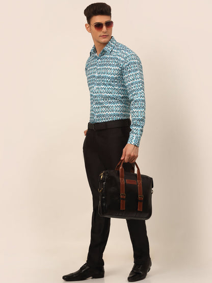 Jainish Men's Cotton Printed Formal Shirts - Sky Blue