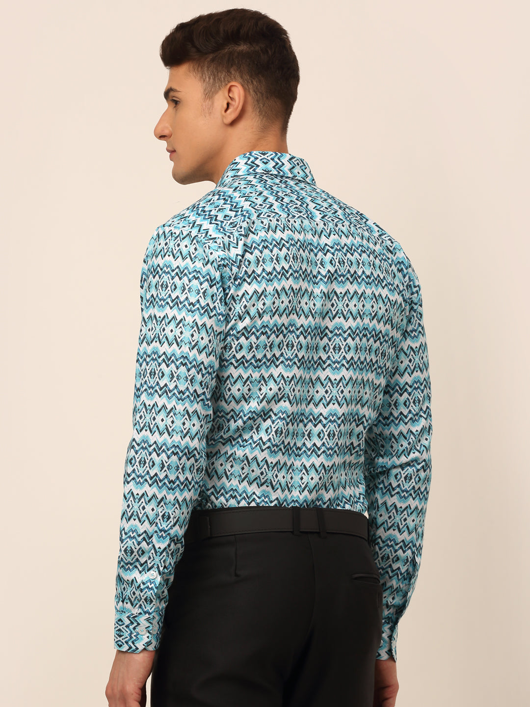 Jainish Men's Cotton Printed Formal Shirts - Sky Blue