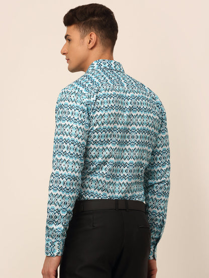 Jainish Men's Cotton Printed Formal Shirts - Sky Blue