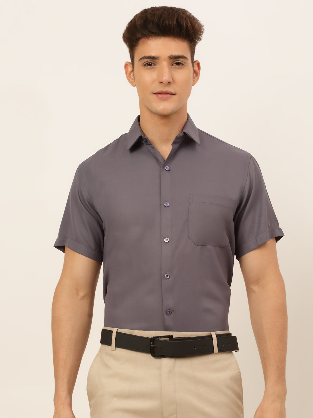 Jainish Men's Cotton Solid Formal Shirt - Grey