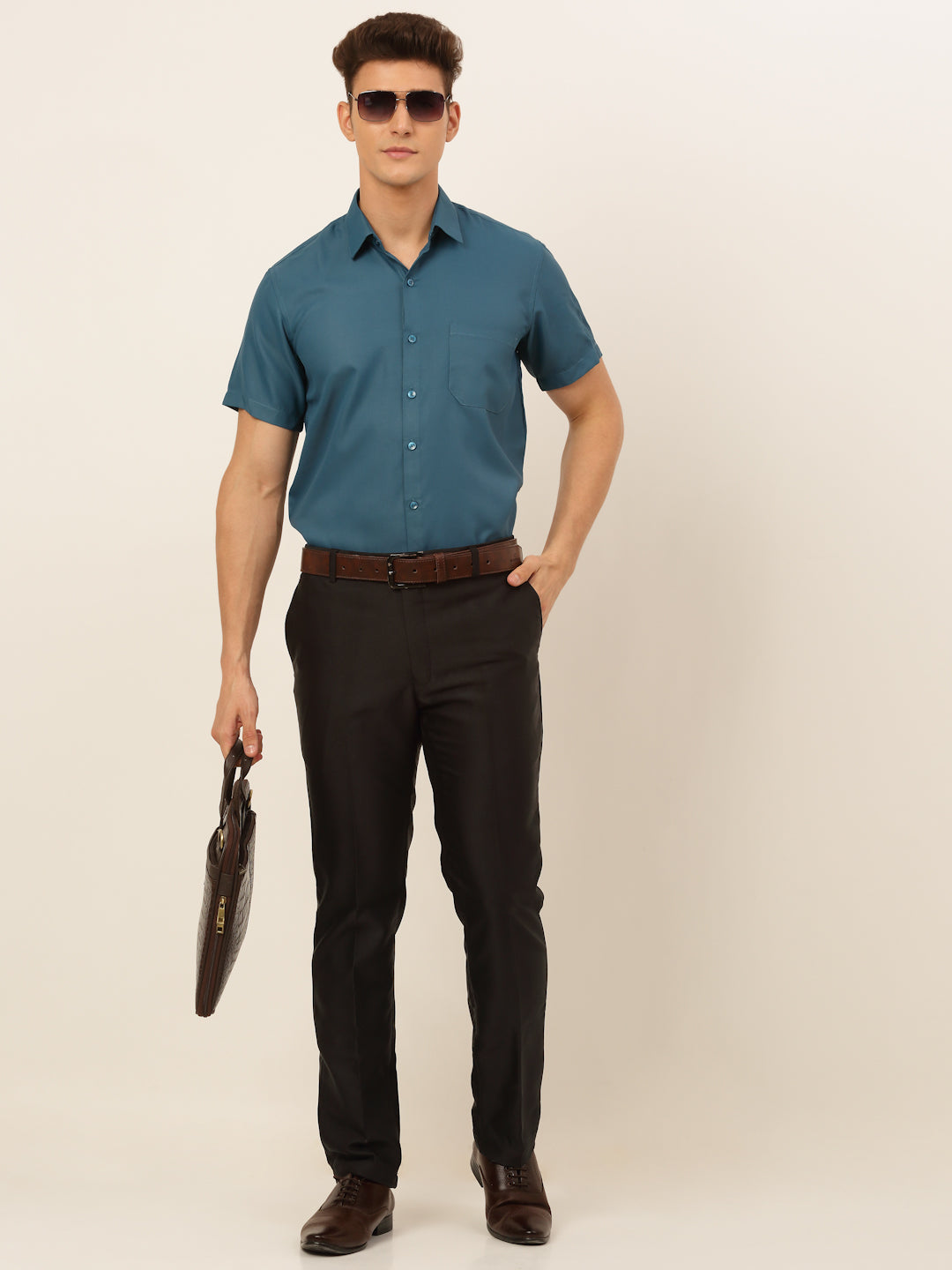 Jainish Men's Cotton Solid Formal Shirt - Teal