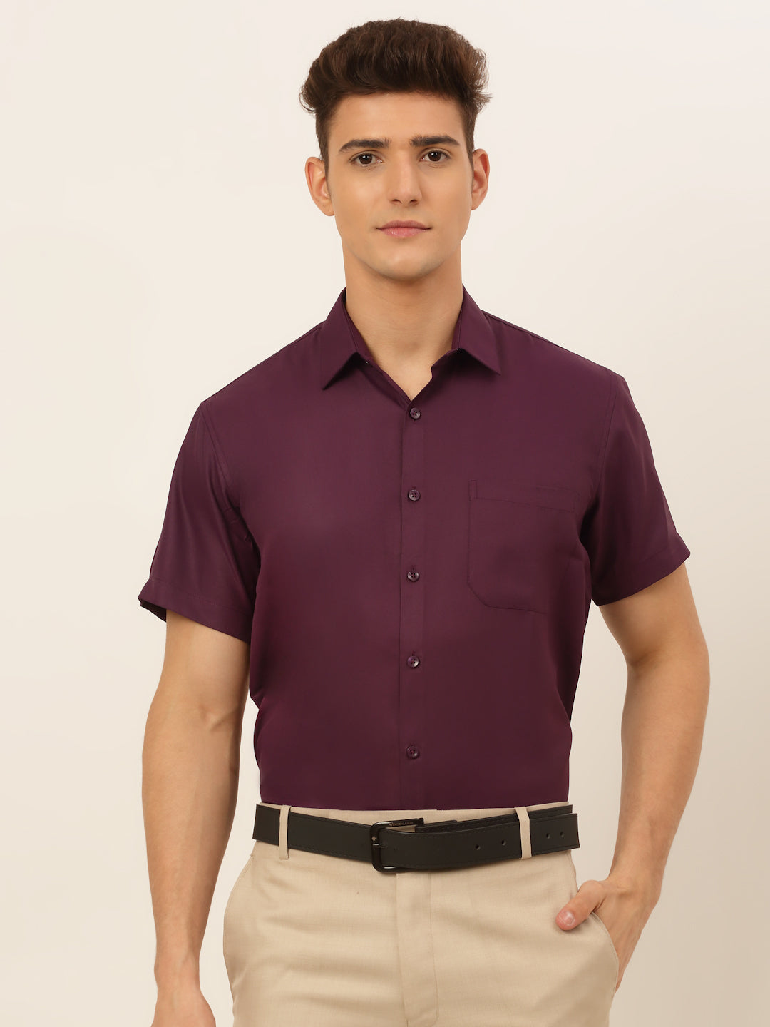 Jainish Men's Cotton Solid Formal Shirt - Wine