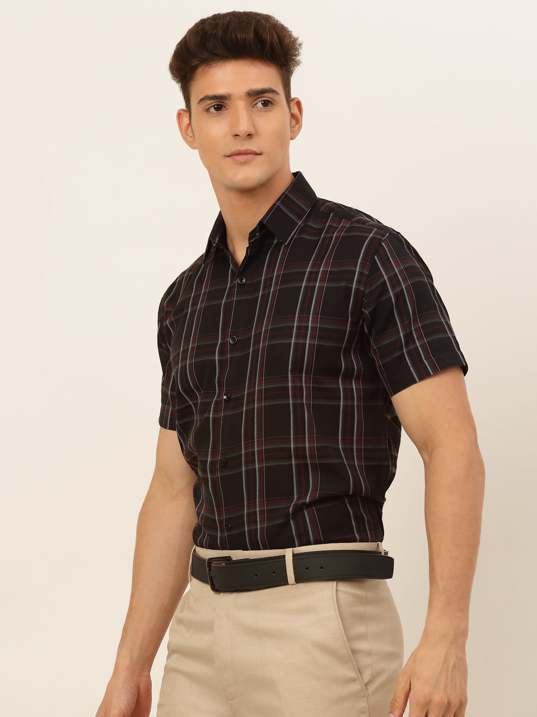 Jainish Men's Cotton Checked Formal Shirts - Black