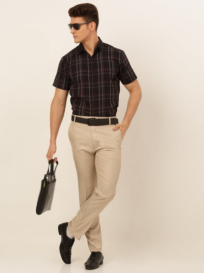 Jainish Men's Cotton Checked Formal Shirts - Black