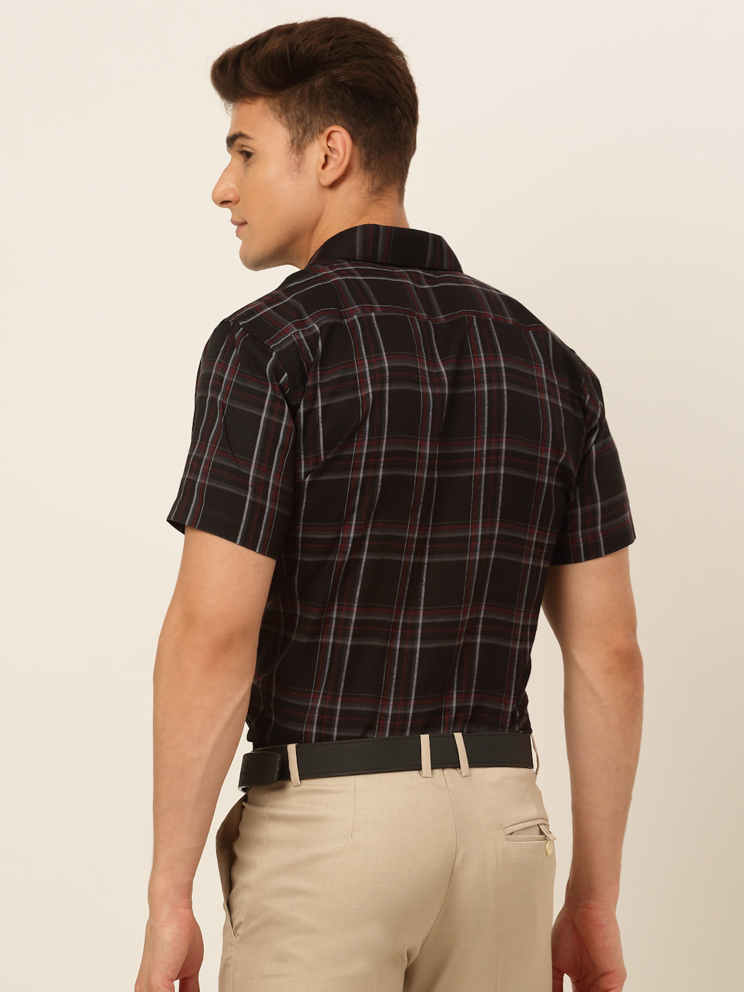 Jainish Men's Cotton Checked Formal Shirts - Black