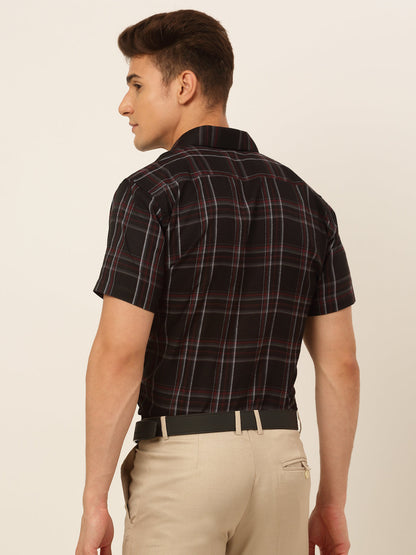 Jainish Men's Cotton Checked Formal Shirts - Black