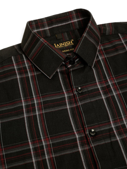 Jainish Men's Cotton Checked Formal Shirts - Black
