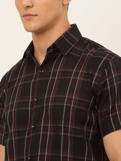 Jainish Men's Cotton Checked Formal Shirts - Black