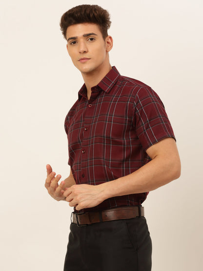 Jainish Men's Cotton Checked Formal Shirts - Maroon