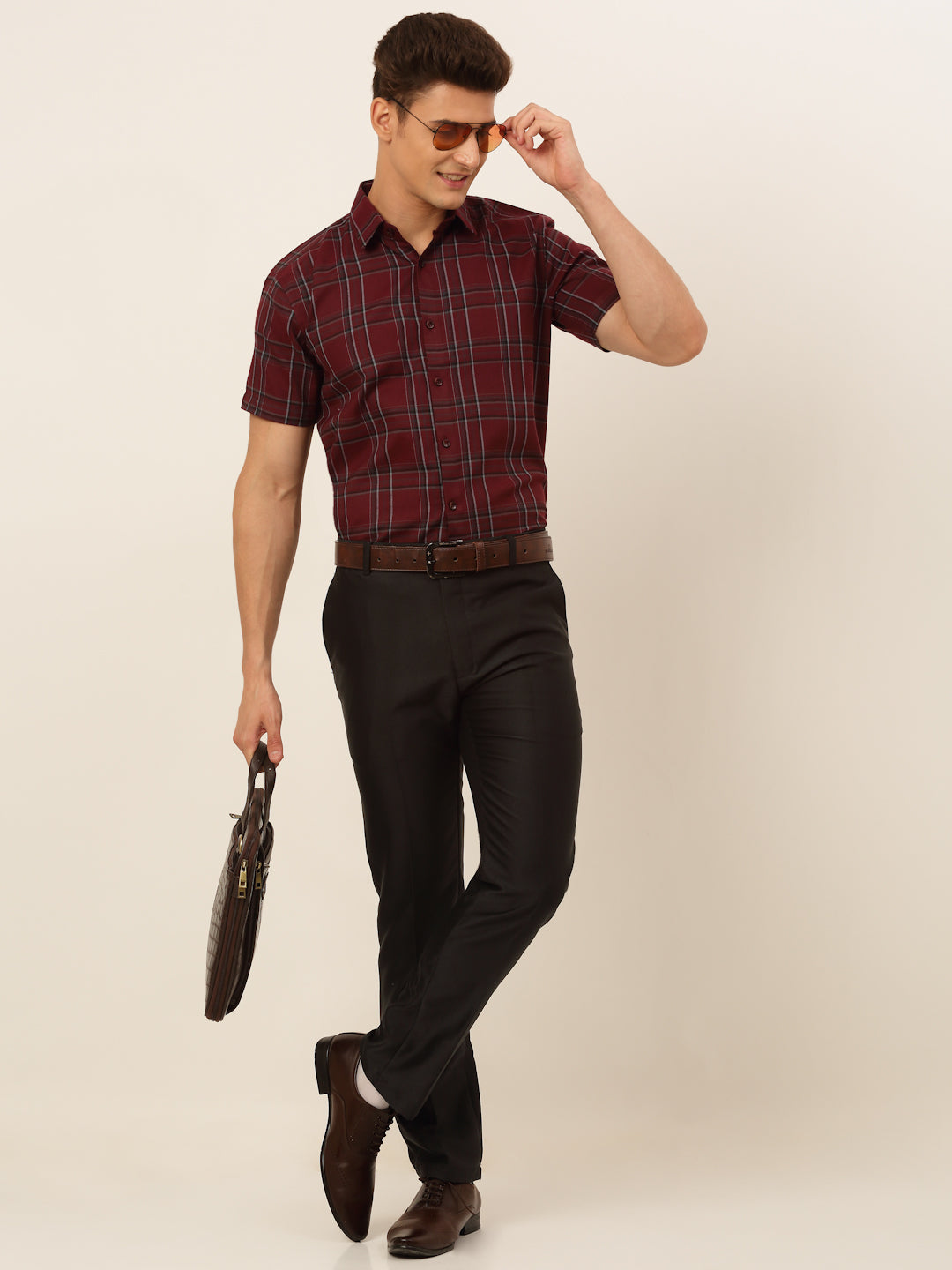 Jainish Men's Cotton Checked Formal Shirts - Maroon