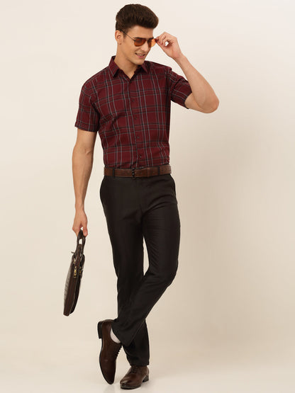 Jainish Men's Cotton Checked Formal Shirts - Maroon