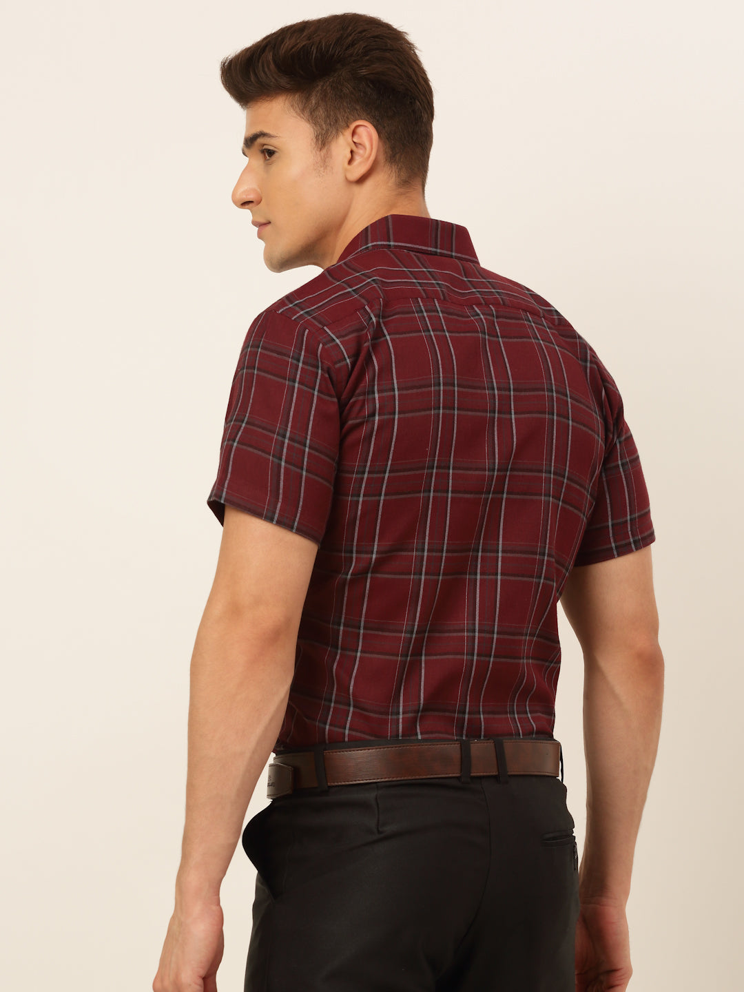 Jainish Men's Cotton Checked Formal Shirts - Maroon