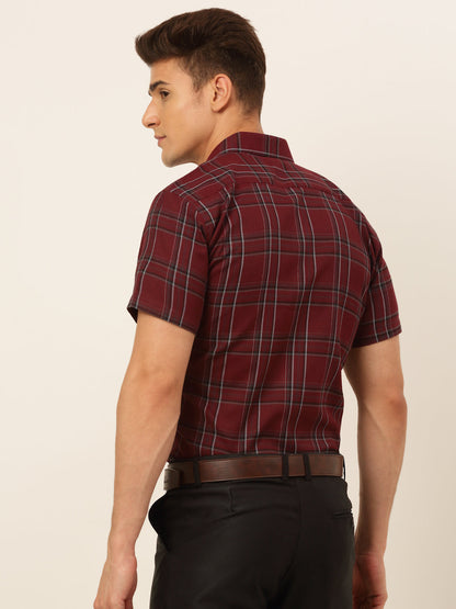 Jainish Men's Cotton Checked Formal Shirts - Maroon