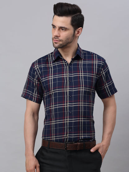 Jainish Men's Navy Half Sleeve Checked Formal Shirt